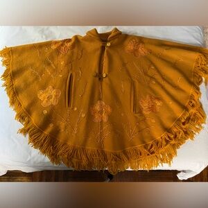 Vintage Embroidered Mustard Yellow Cape with Fringe